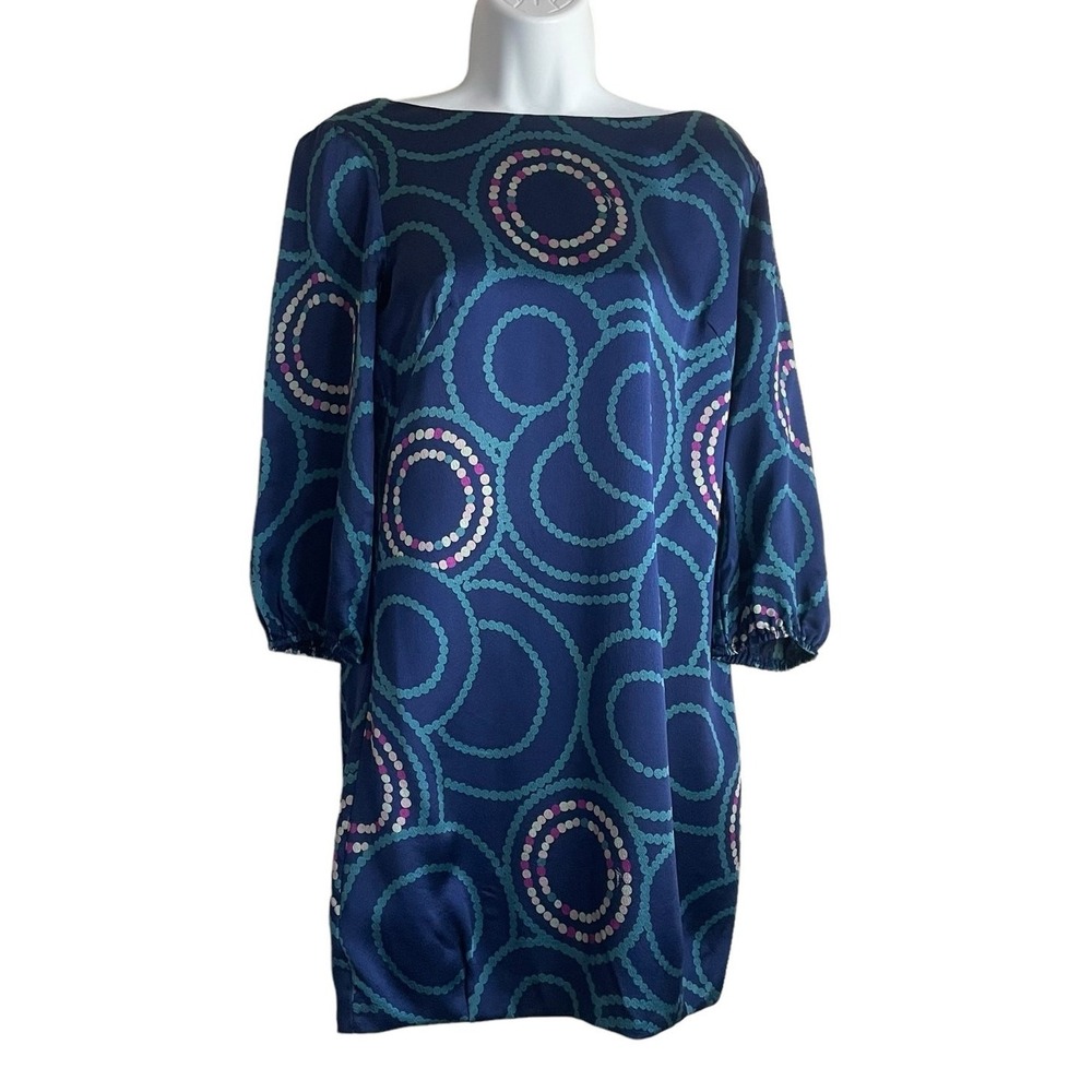 Trina Turk Silk Shift Dress 2 Blue Geometric Circle Print Mod Resort Bold Chic